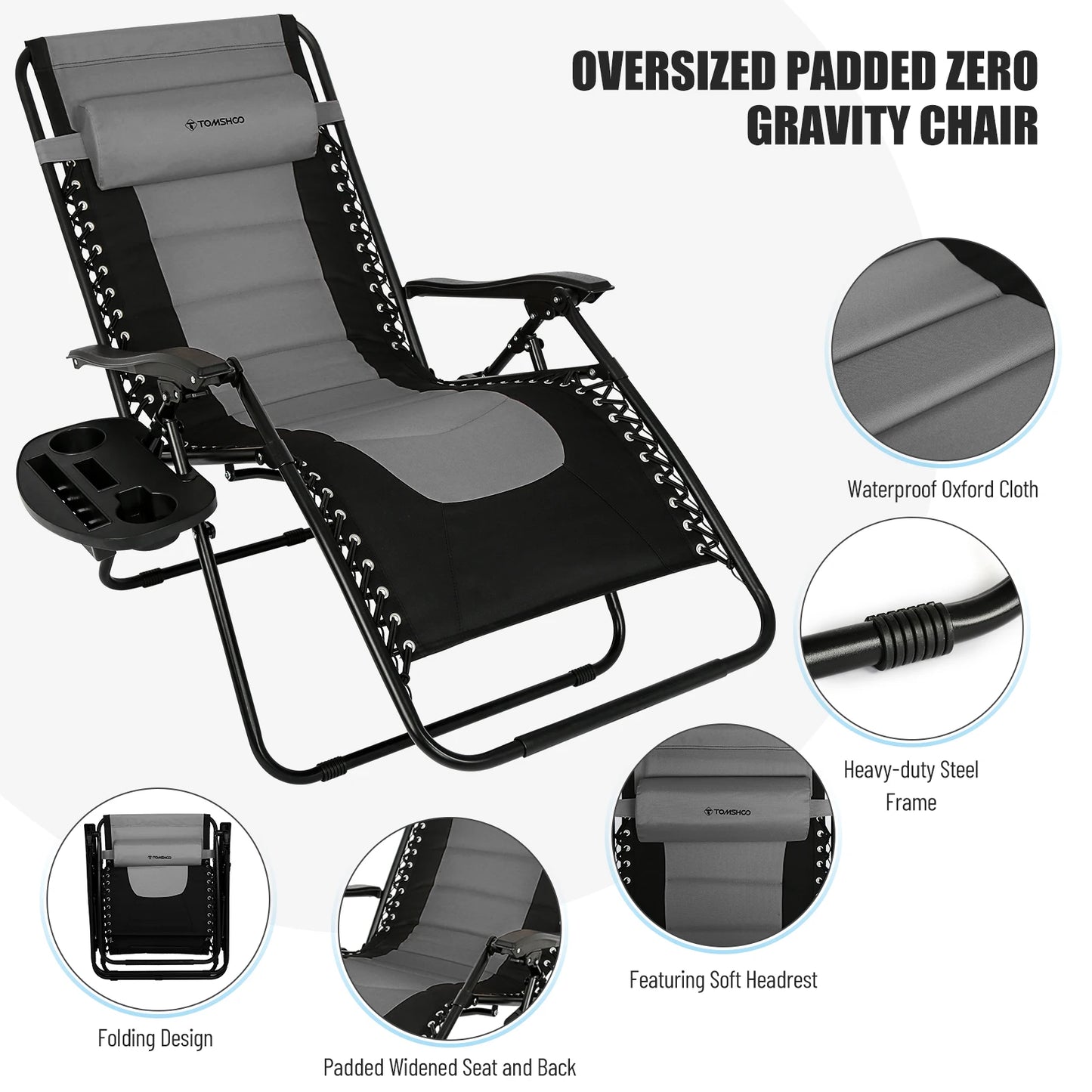 Outdoor Folding Lounge Chair Waterproof Oxford Cloth with Cotton Padded Adjustable Patio Zero Gravity Reclining Chair with Headr