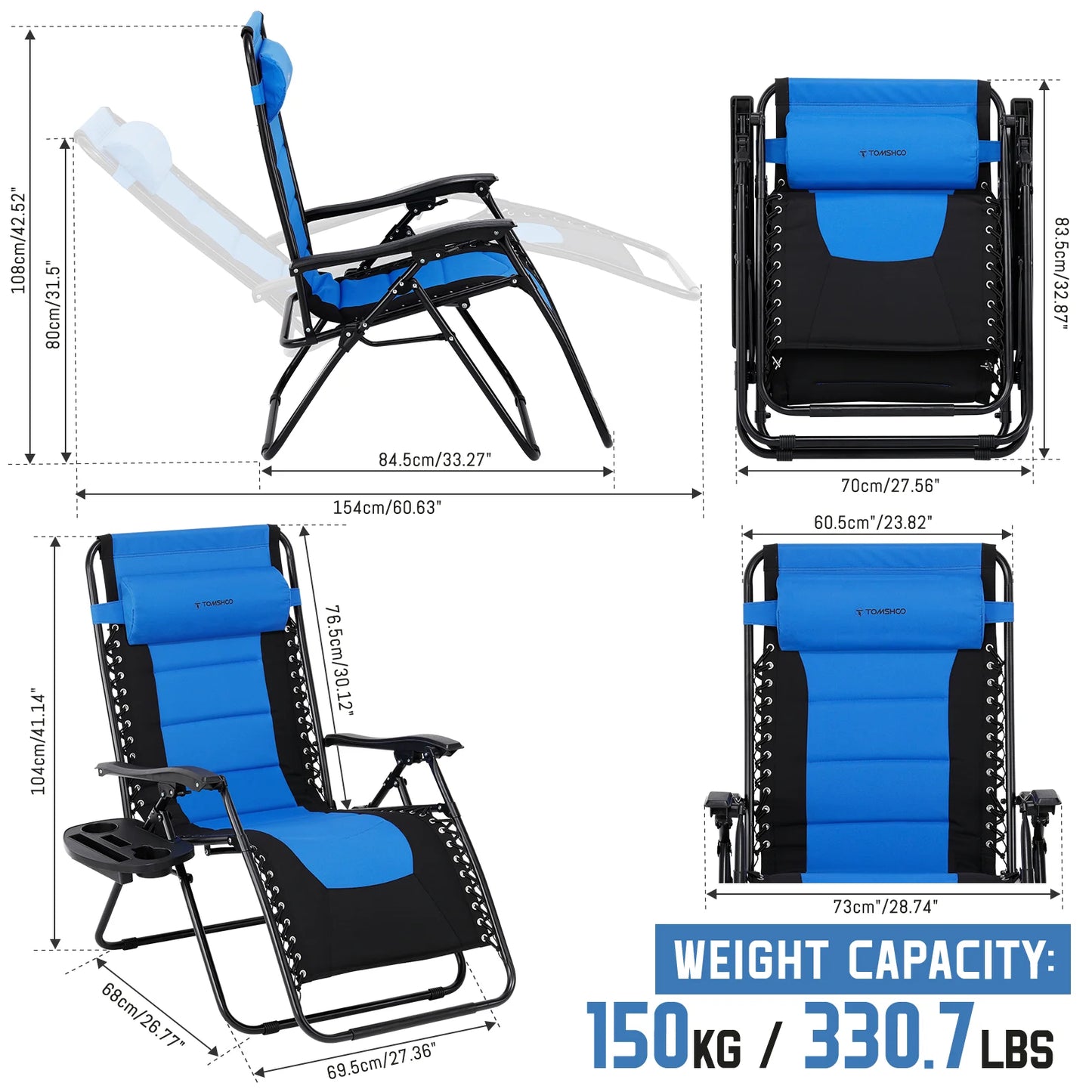 Outdoor Folding Lounge Chair Waterproof Oxford Cloth with Cotton Padded Adjustable Patio Zero Gravity Reclining Chair with Headr