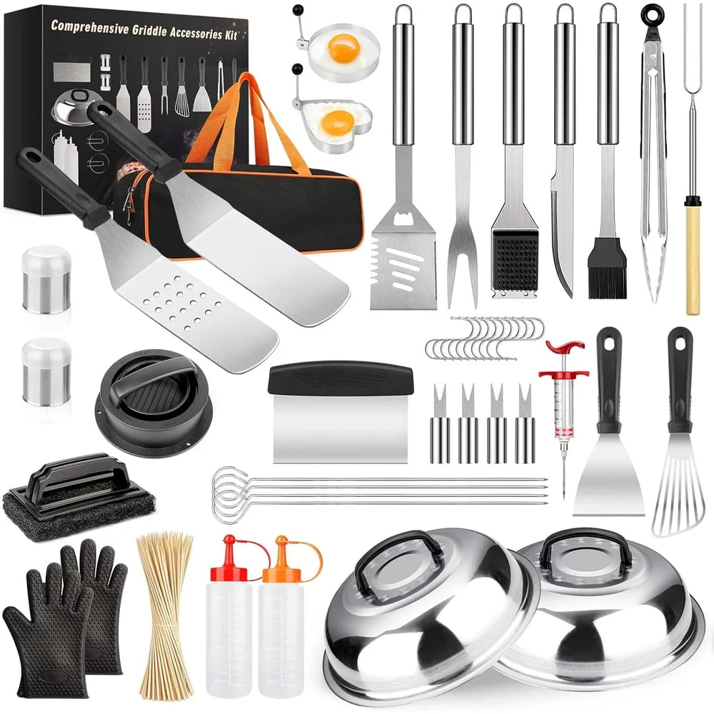 144 Pcs Griddle Accessories Kit BBQ Tool Set with Spatulas Basting Covers Silicone Gloves Burger Press Skewers Outdoor Cooking