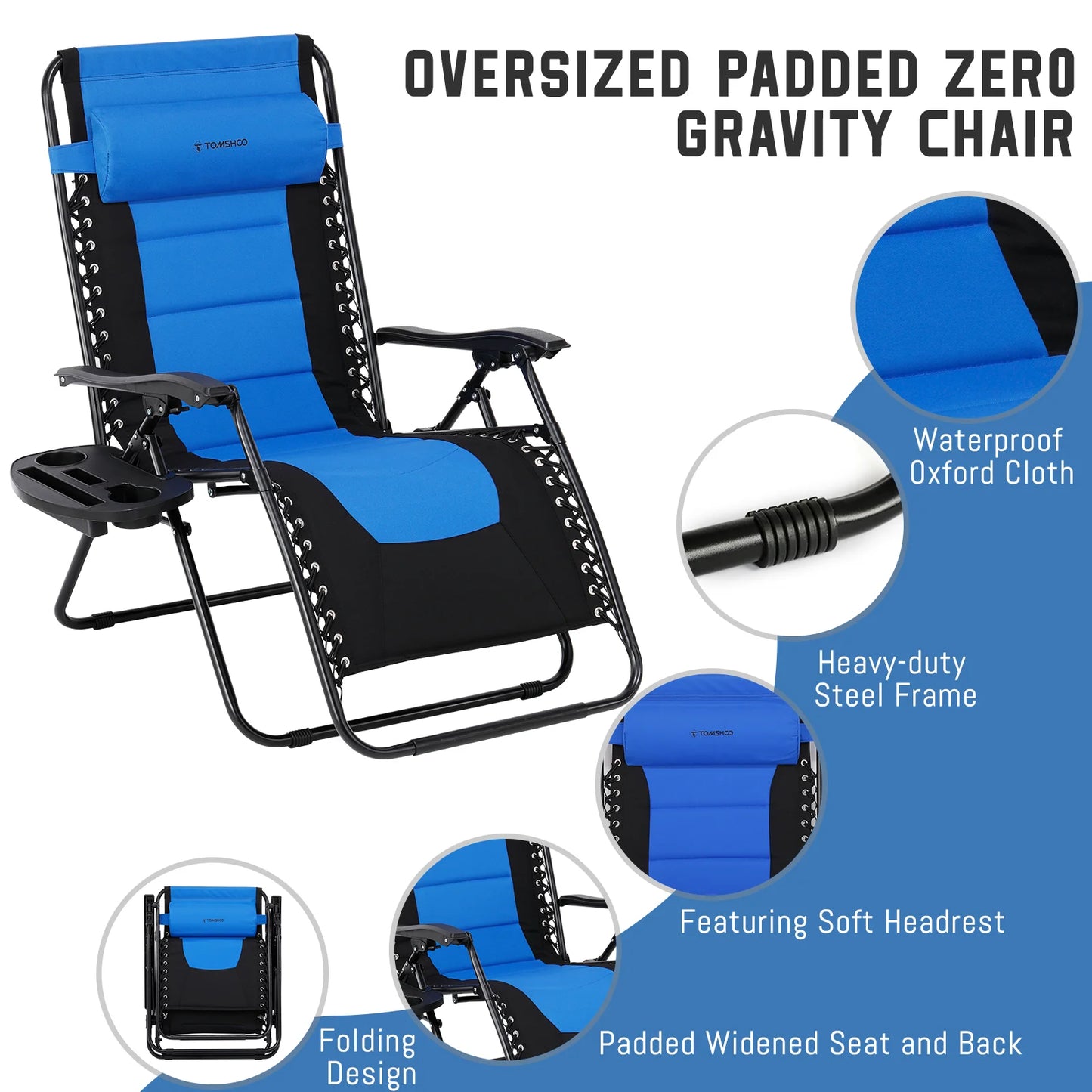 Outdoor Folding Lounge Chair Waterproof Oxford Cloth with Cotton Padded Adjustable Patio Zero Gravity Reclining Chair with Headr