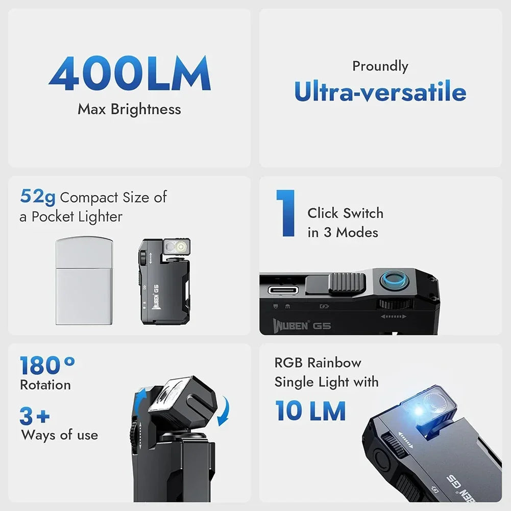 For WUBEN G5 400Lumens Portable Pocket Mini Light EDC Keychain Flashlight Waterproof Torch 180° Rotating Head For Outdoor Campin