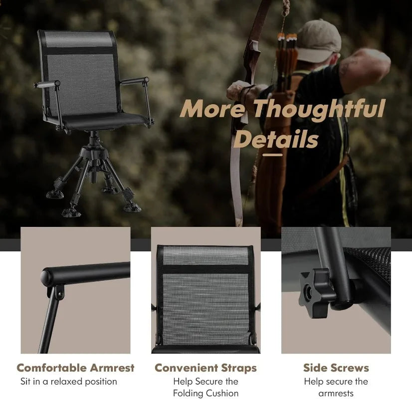 HAPPYGRILL 360° Swivel Hunting Chair, Folding Silent Hunting Blind Chair with Adjustable Height Legs, All-Terrain Foot Pads