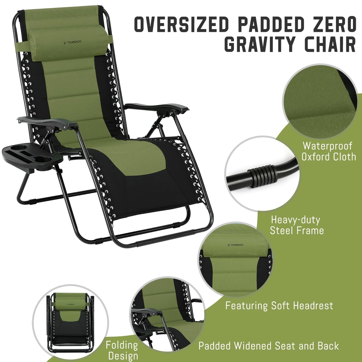 Outdoor Folding Lounge Chair Waterproof Oxford Cloth with Cotton Padded Adjustable Patio Zero Gravity Reclining Chair with Headr