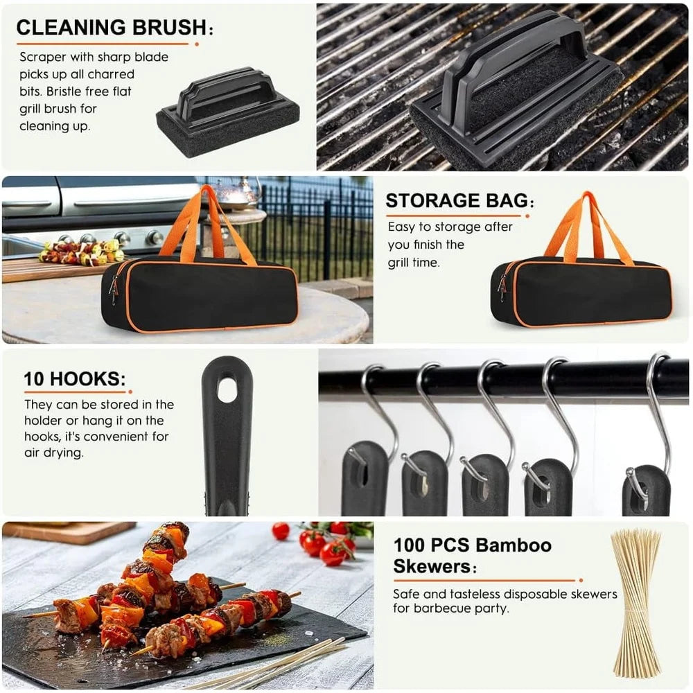 144 Pcs Griddle Accessories Kit BBQ Tool Set with Spatulas Basting Covers Silicone Gloves Burger Press Skewers Outdoor Cooking