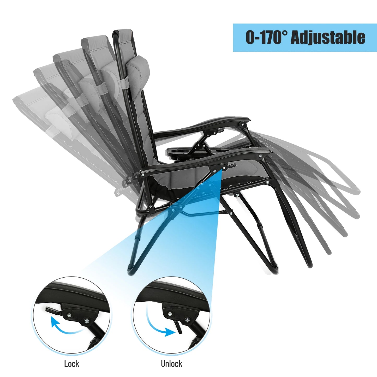 Outdoor Folding Lounge Chair Waterproof Oxford Cloth with Cotton Padded Adjustable Patio Zero Gravity Reclining Chair with Headr