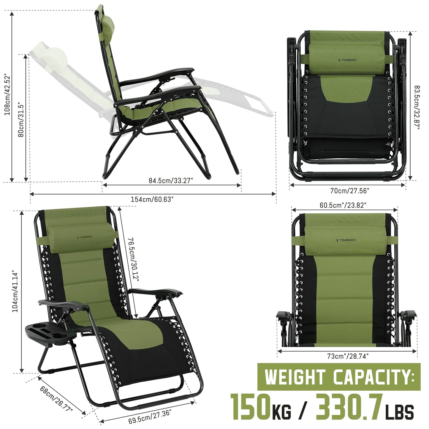 Outdoor Folding Lounge Chair Waterproof Oxford Cloth with Cotton Padded Adjustable Patio Zero Gravity Reclining Chair with Headr