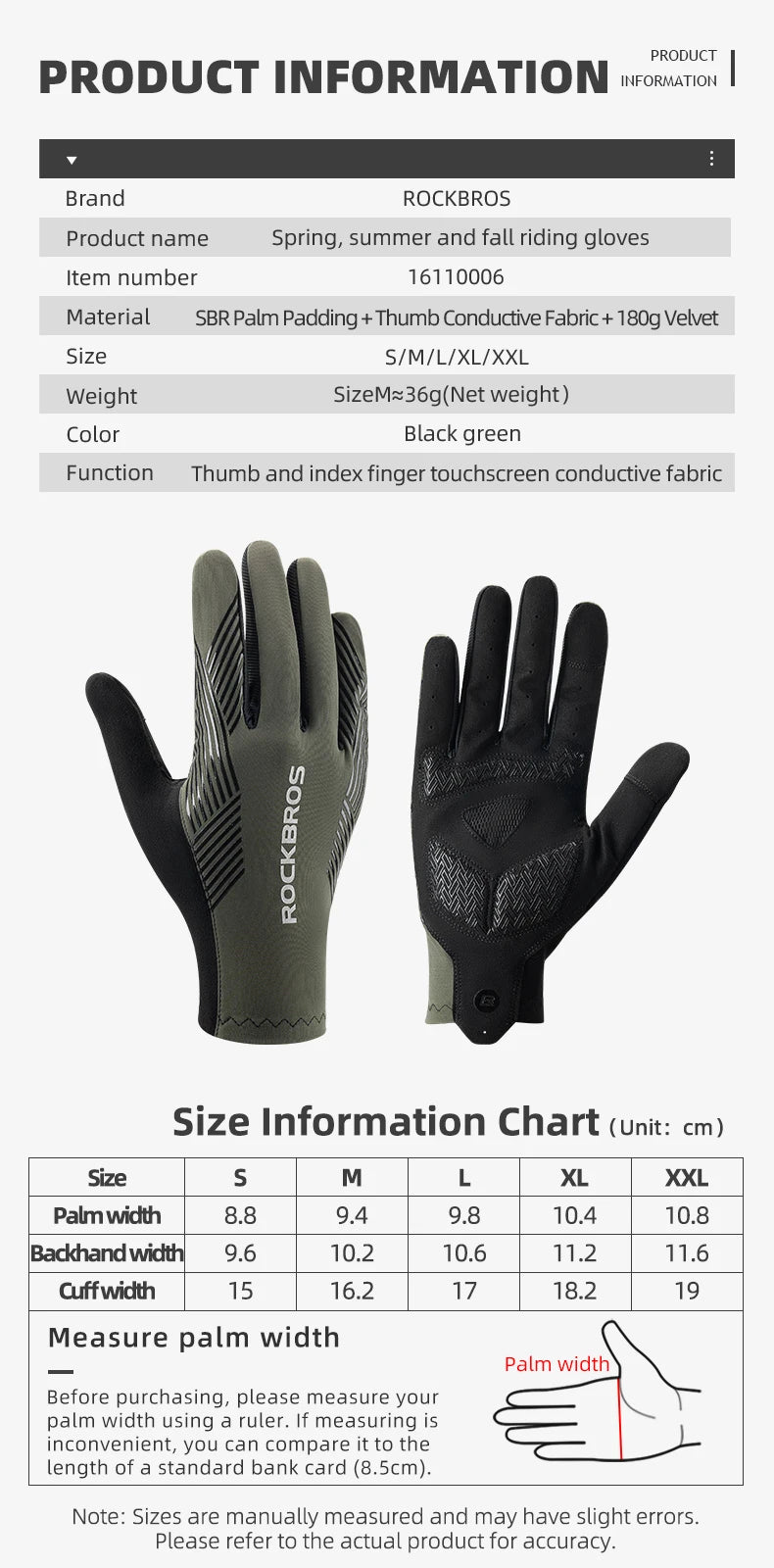 ROCKBROS Sports Cycling Gloves Breathable MTB Road Bike Non-slip Gloves Touch Screen Men Women Full Finger Motorcycle Gloves