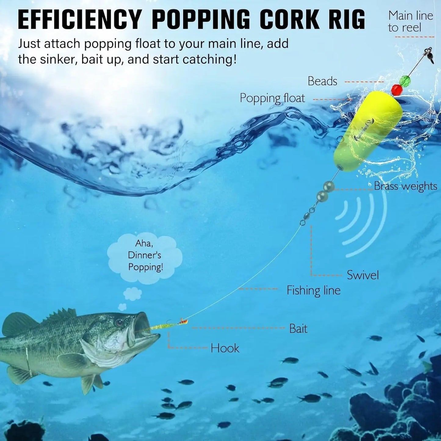 Dovesun Fishing Bobbers Popping Cork Weighted Fishing Floats Fishing Corks Popping Corks for Saltwater Freshwater 3 Shapes 3pcs/