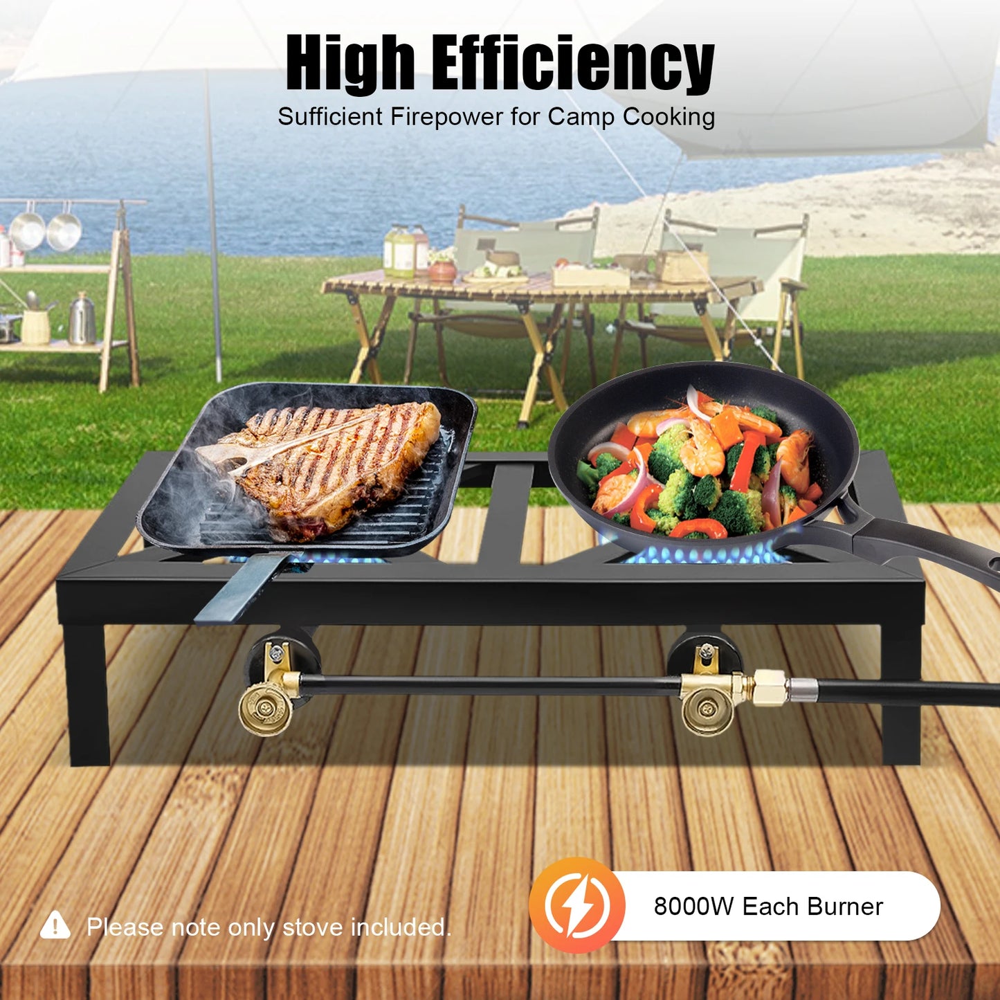 8000W Portable Double Burner Outdoor Gas Stove Propane Cooker with Adjustable 0-10Psi Regulator Hose for Patio Camping, BBQ