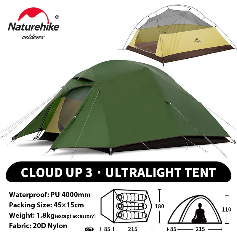 Naturehike Upgraded Cloud Up 3 Person Tent Outdoor Camping Tent Ultralight Waterproof Tent Free Standing Hiking Backpacking Tent