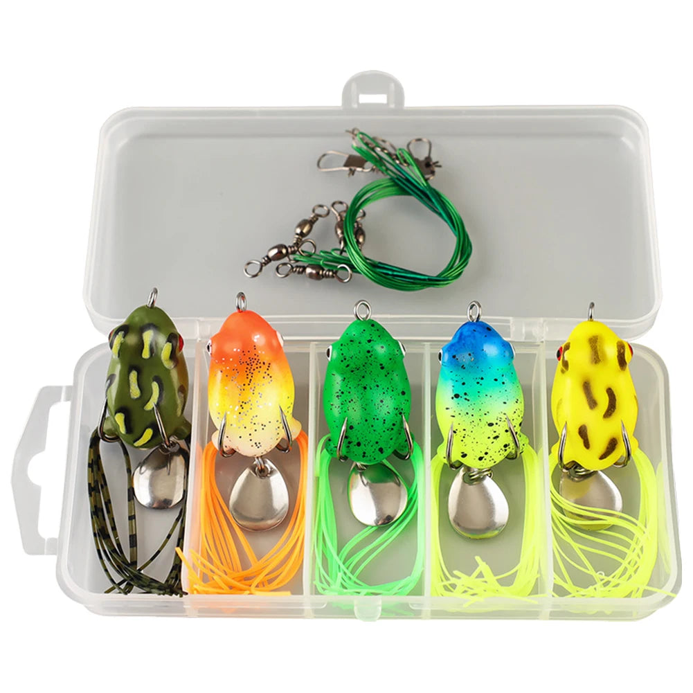 5Pcs Frog Soft Fishing Lures with Double Hooks Topwater Ray Frog Bait Soft Ray Frog Swimbait for Saltwater Freshwater