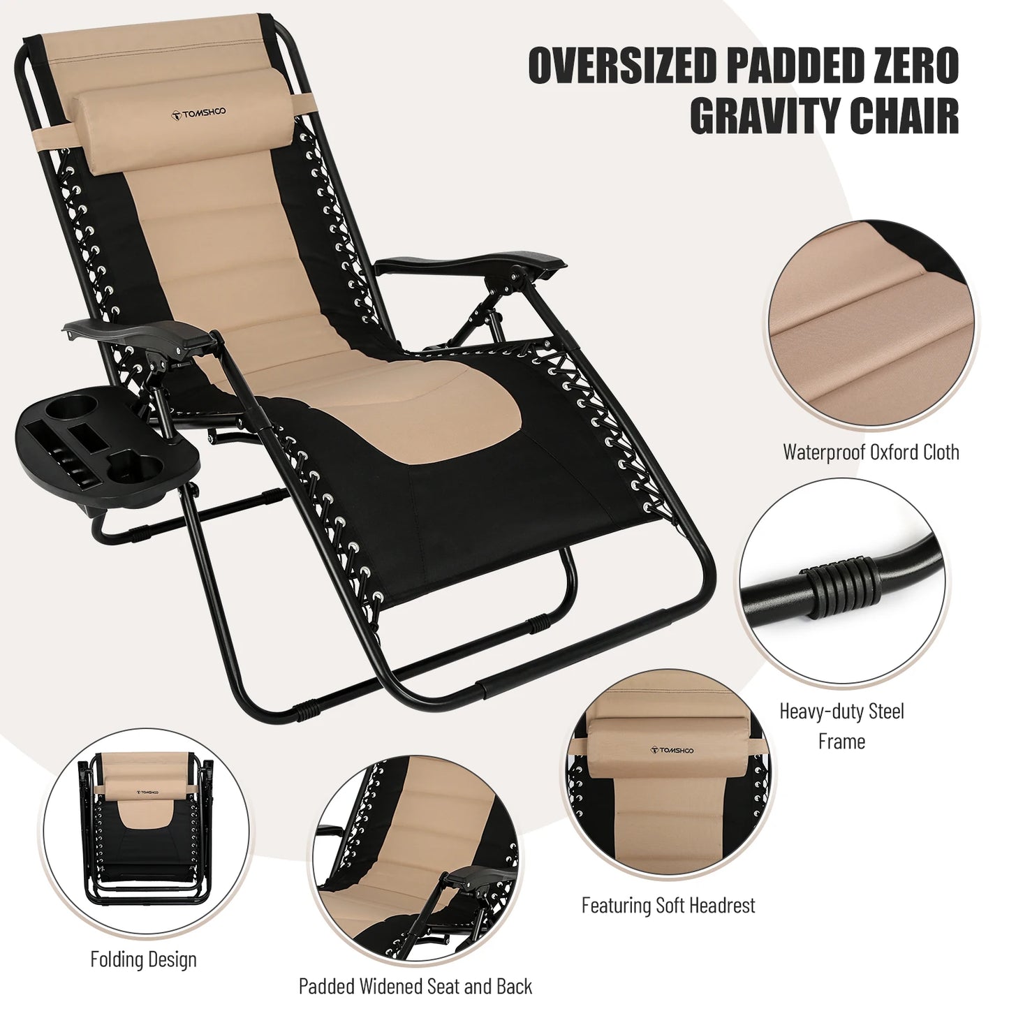 Outdoor Folding Lounge Chair Waterproof Oxford Cloth with Cotton Padded Adjustable Patio Zero Gravity Reclining Chair with Headr