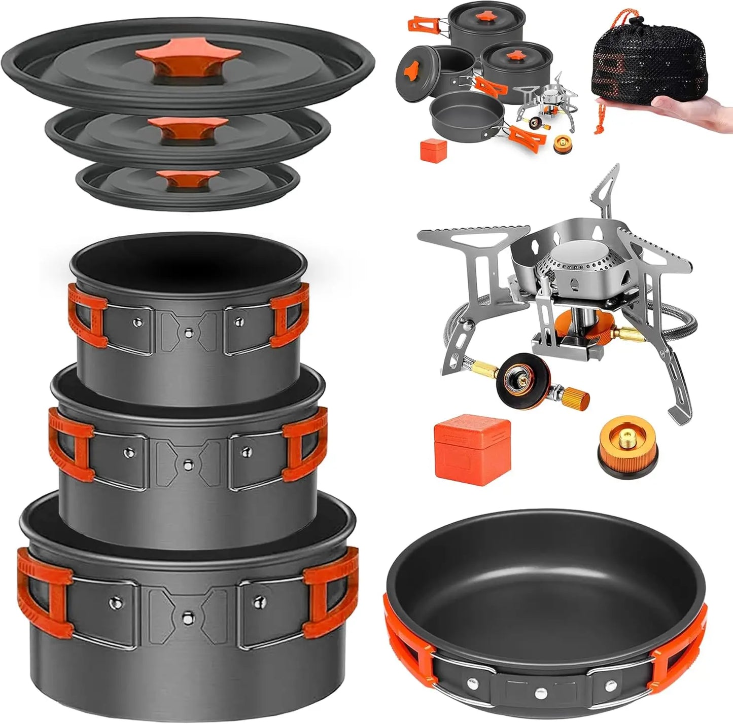 Camping Cookware Mess Kit Set with Stove - Backpacking Camping Pots and Pans Set All in One Non-Stick Camping Cooking Set Portab