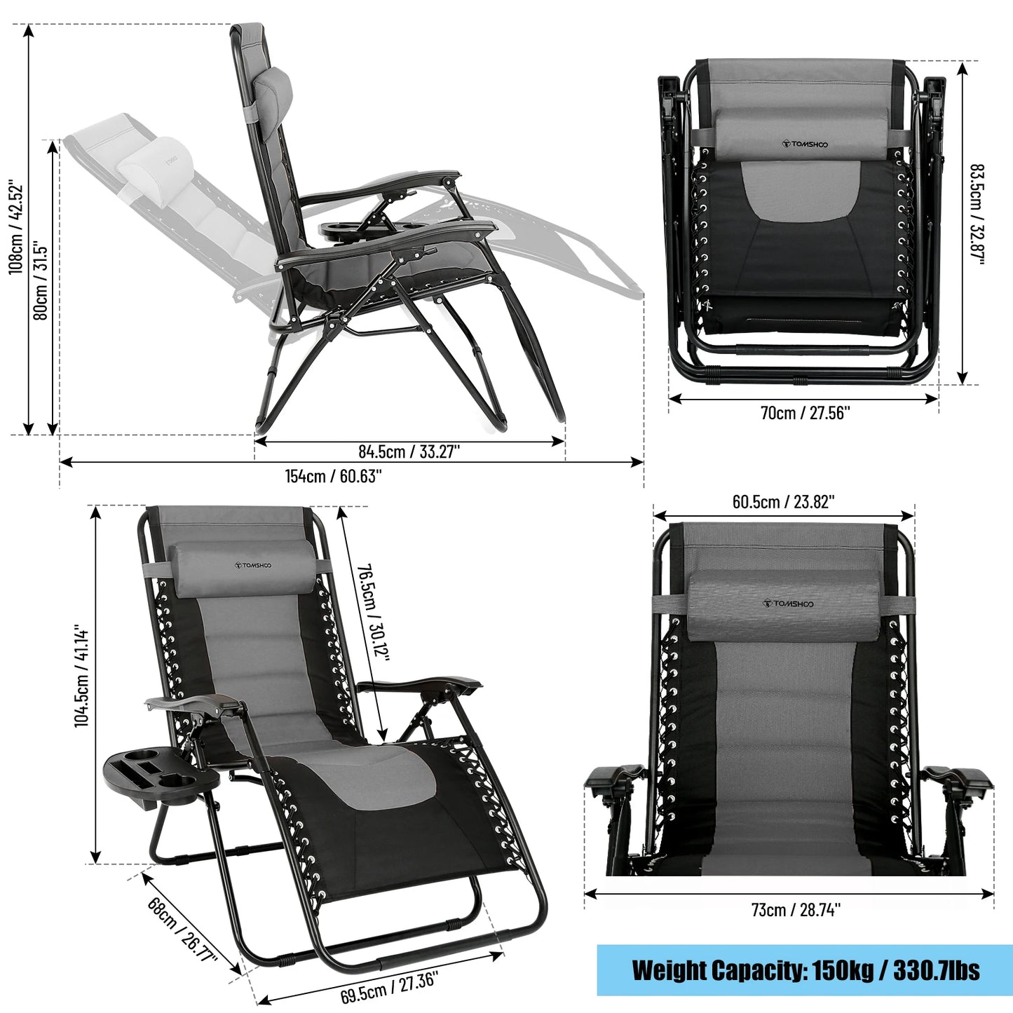 Outdoor Folding Lounge Chair Waterproof Oxford Cloth with Cotton Padded Adjustable Patio Zero Gravity Reclining Chair with Headr