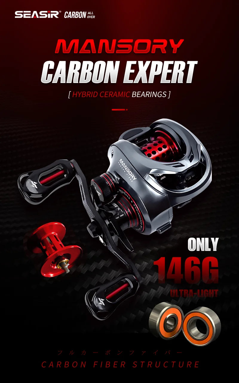 Seasir Mansory Baitcasting Fishing Reel 146g Ultralight Carbon 11+1 7.3:1 HS Ratio Hybrid Ceramic Bearing Double Spools Seawater