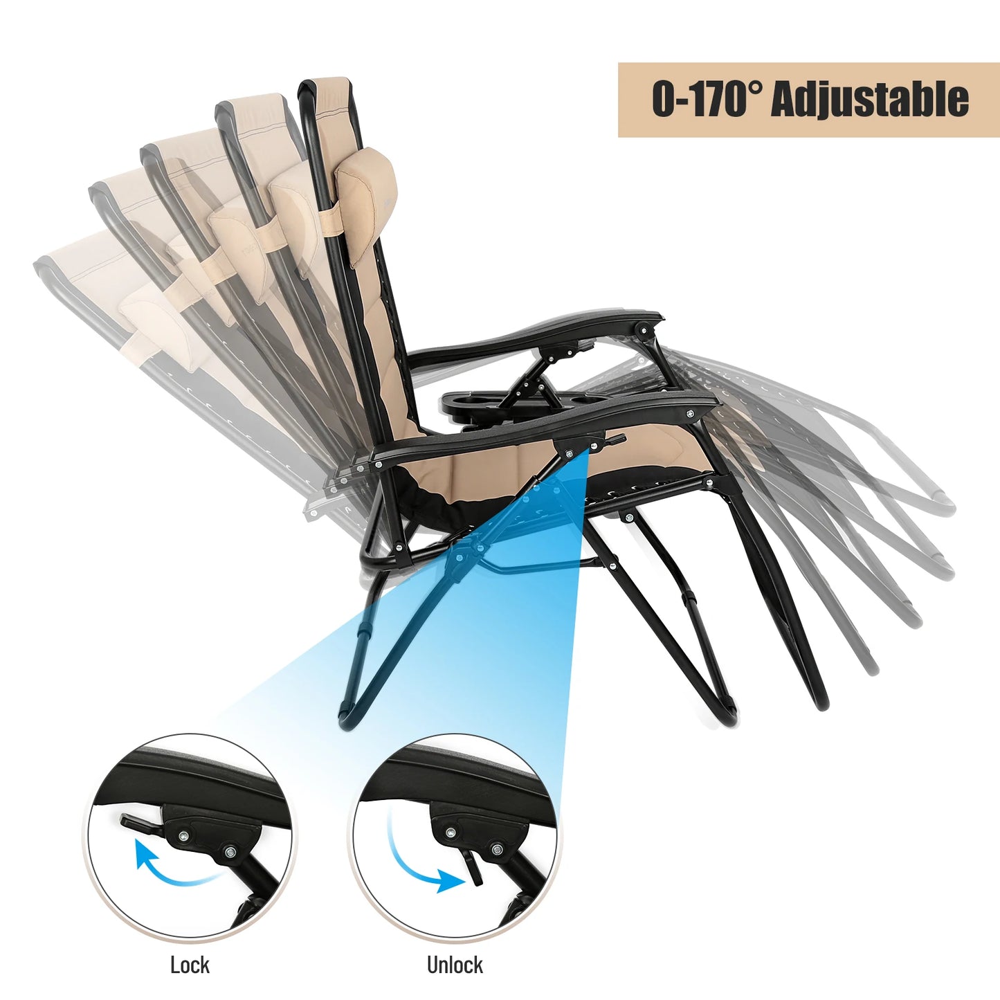 Outdoor Folding Lounge Chair Waterproof Oxford Cloth with Cotton Padded Adjustable Patio Zero Gravity Reclining Chair with Headr