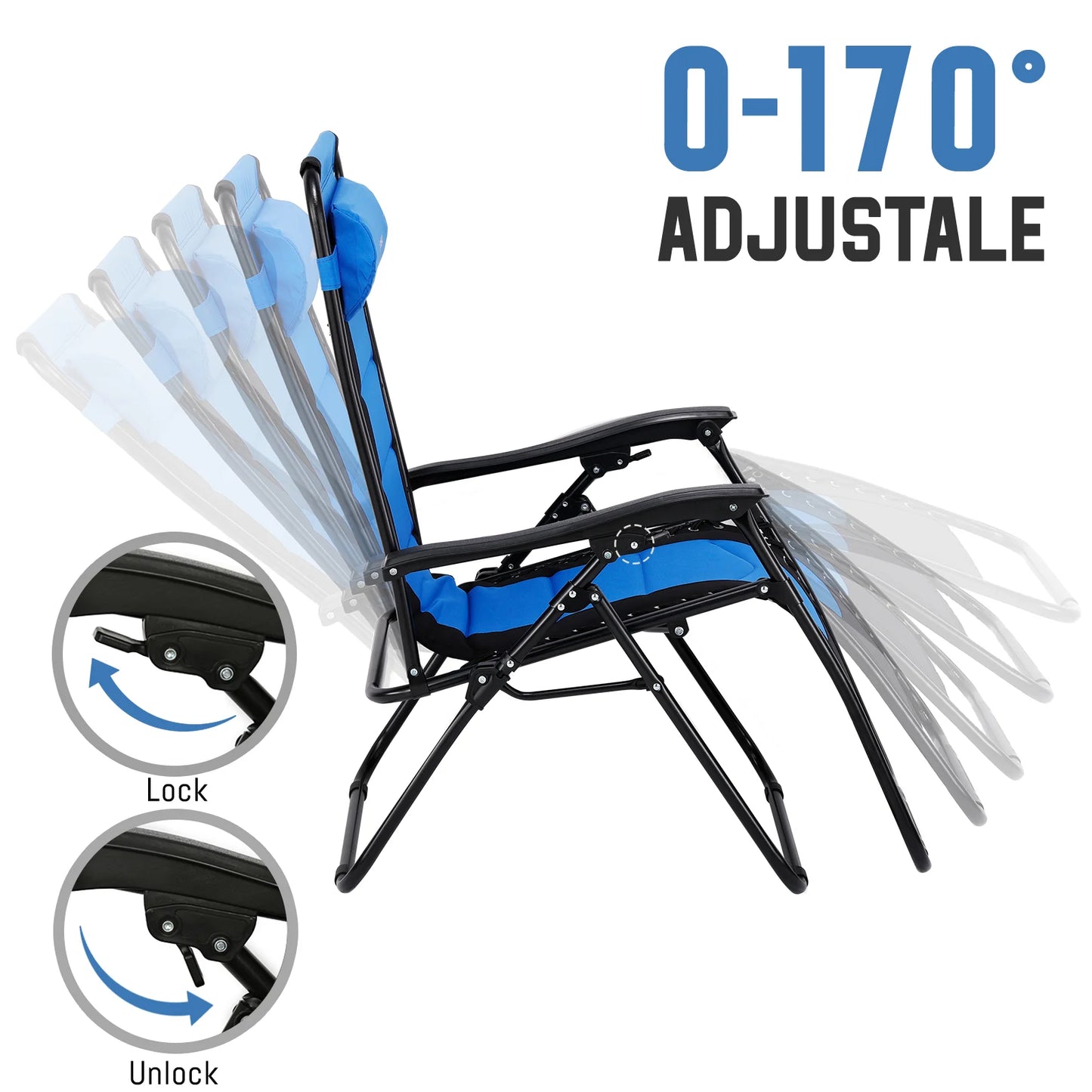 Outdoor Folding Lounge Chair Waterproof Oxford Cloth with Cotton Padded Adjustable Patio Zero Gravity Reclining Chair with Headr