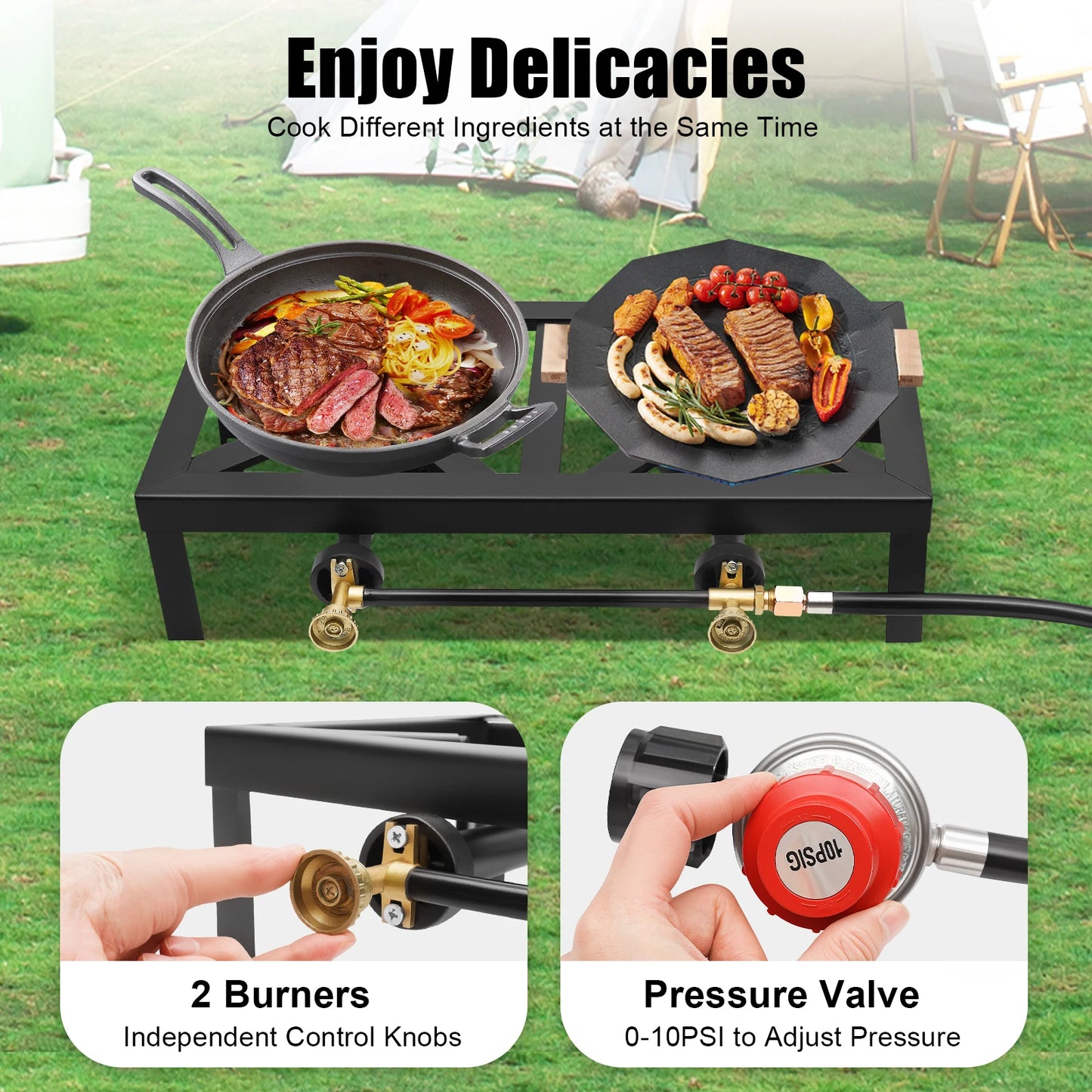 8000W Portable Double Burner Outdoor Gas Stove Propane Cooker with Adjustable 0-10Psi Regulator Hose for Patio Camping, BBQ