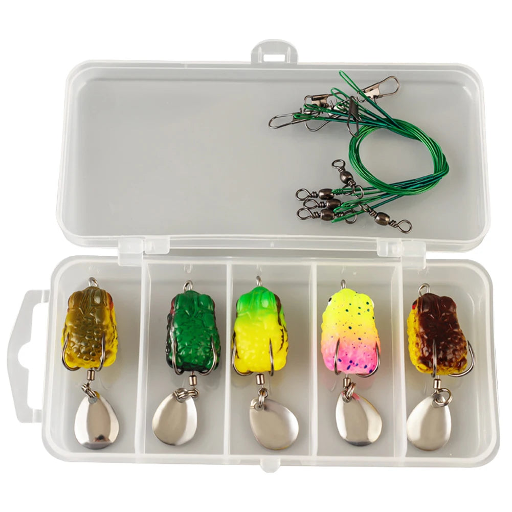 5Pcs Frog Soft Fishing Lures with Double Hooks Topwater Ray Frog Bait Soft Ray Frog Swimbait for Saltwater Freshwater